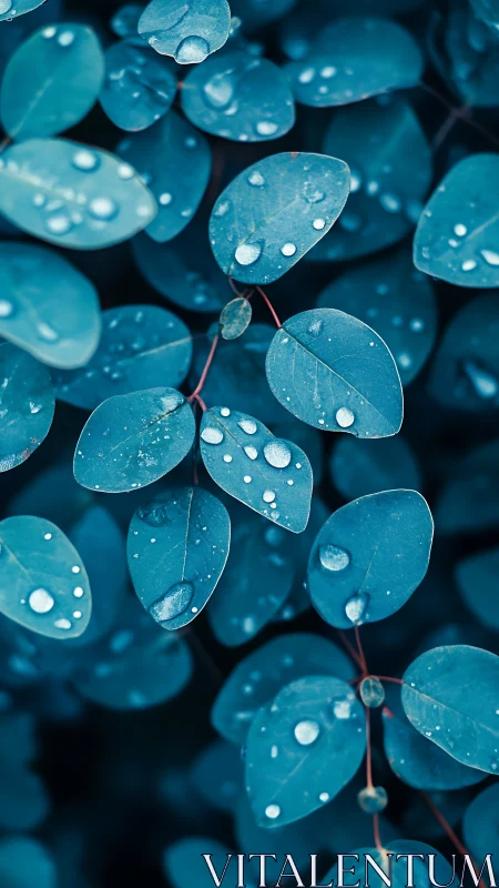 Close-up view of blue-toned leaves with surface water droplets.