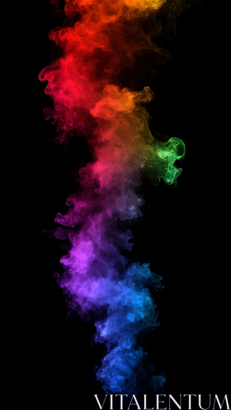 Vertically cascading RGB spectrum smoke plume on deep black
