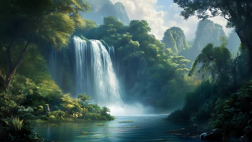 Sunlit jungle waterfall pours into a tranquil emerald pool