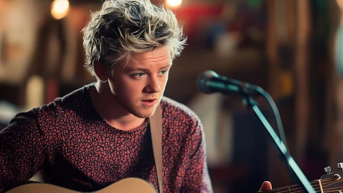 Young musician performs acoustic song under warm lights.