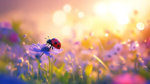 Ladybug rests on pastel flower in glowing spring light.