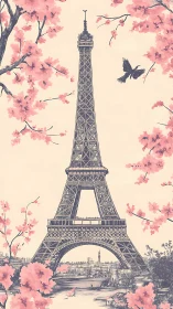 Spring blossoms gently frame the Eiffel Tower in soft pastels