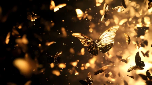 Golden Butterflies in Glowing Light, Dreamlike Fantasy Art.