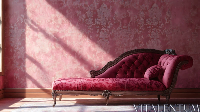 Vintage red chaise lounge against textured pink wall.