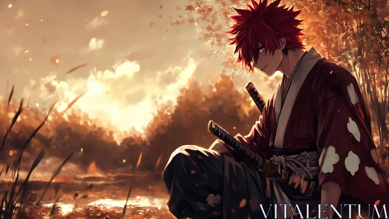 Quiet samurai moment rests under a golden autumn sunset sky