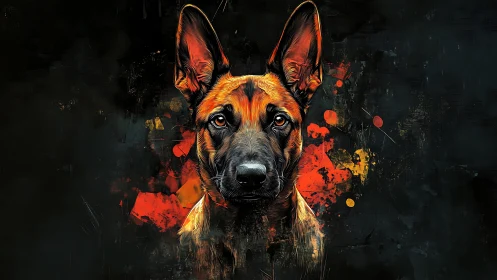 Intense shepherd portrait amid fiery abstract splashes.