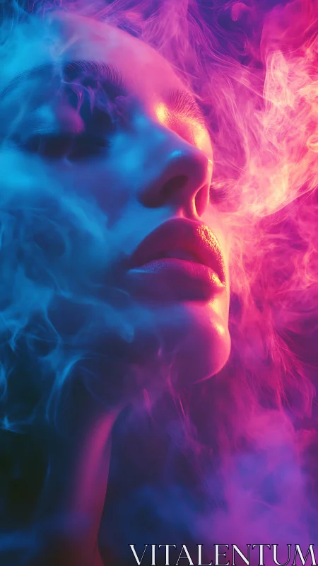Dreamy neon portrait drifting through electric mist.