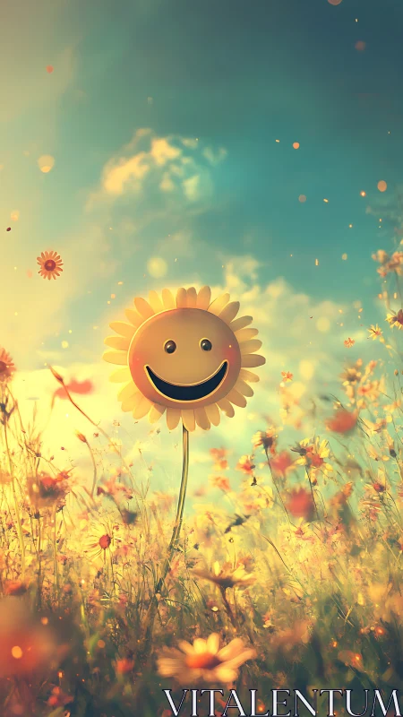 Smiling sunflower face glows in dreamy golden meadow light.