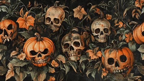 Tangled pumpkin skulls in haunted autumn foliage at night.