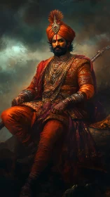 Regal warrior seated in jeweled saffron robes, stormy backdrop.