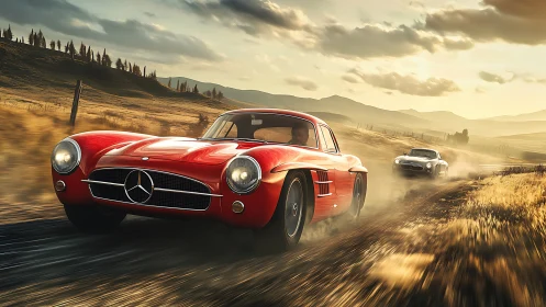Photorealistic vintage sports car chase on dusty country road.