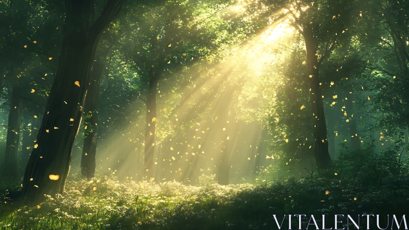Digital painting of luminous forest glade with drifting foliage.