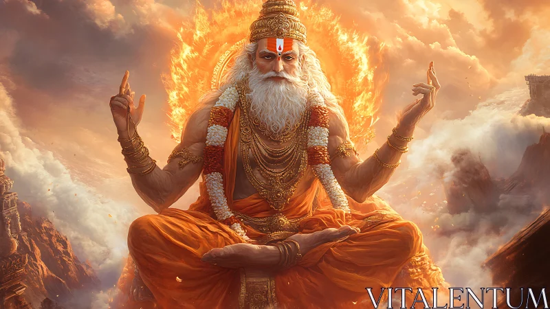 Seated mythological sage in fiery halo amid clouds and cliffs.