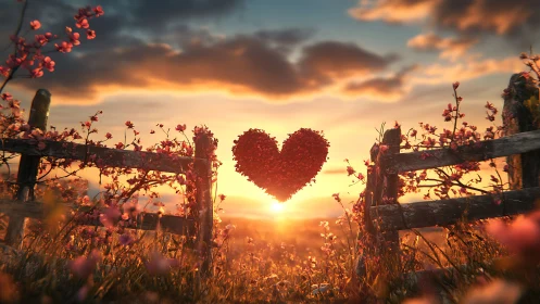 Glowing Heart at Sunset Over Wildflower Fields.