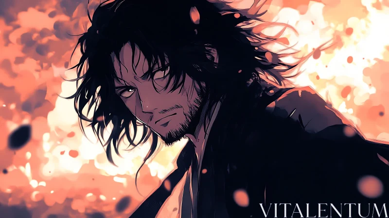 Storm-lit warrior gazes back with a calm, fiery resolve