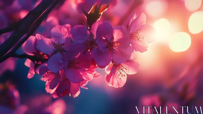 Pink blossoms with backlighting and bokeh effects.