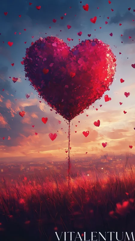 Giant Red Heart Balloon Rises Above Romantic Landscape