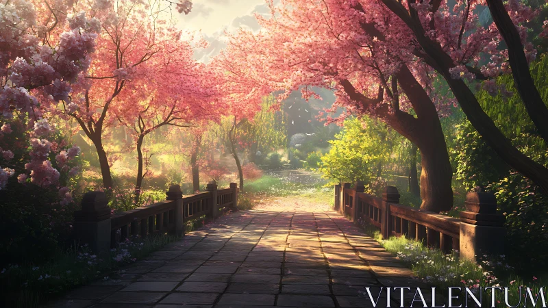 Stone garden bridge under pink cherry blossom trees in spring.