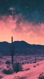 Desert cacti stand under dense star field and colored sky