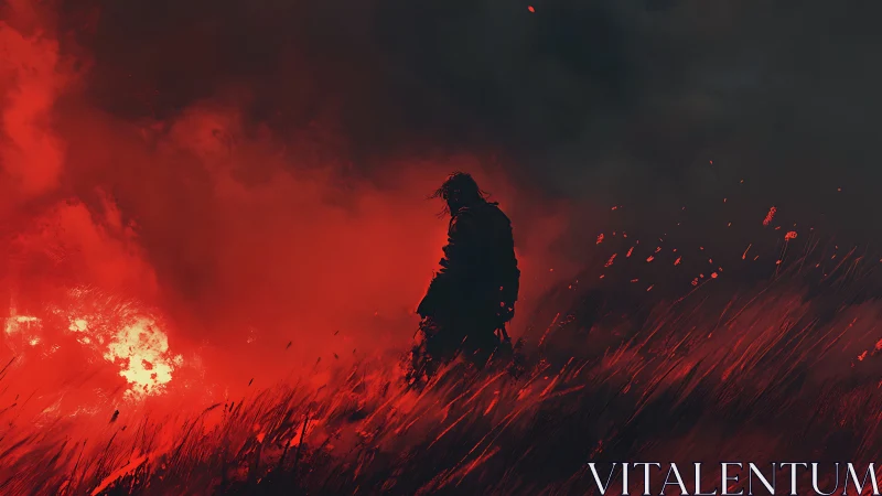 Silhouetted figure standing in a wildfire landscape at dusk