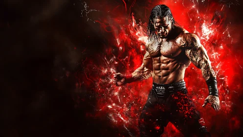 Muscular fighter poses in red energy filled digital artwork