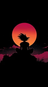 Silhouetted warrior meditating before a neon eclipse sun.