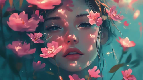 Digital portrait of female face framed by pink blossoms.