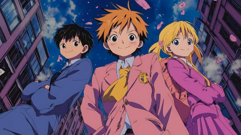 Skyward schoolyard trio under swirling cherry petals.