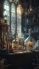 Cozy alchemist’s workshop aglow with glass and mystery.