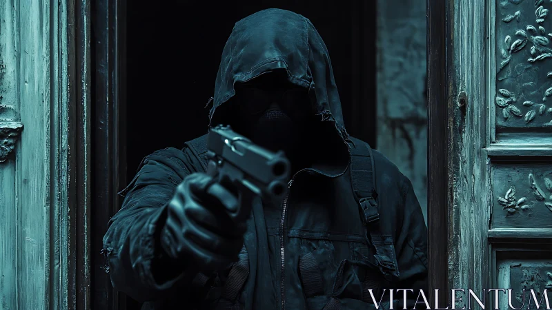 Hooded gunman in teal doorway, tension-drenched encounter.