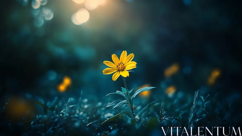 Single yellow wildflower in low light natural environment.