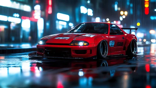 Street racer glows in neon rain on a slick midnight city road