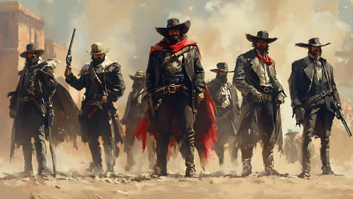 Digital painting of outlaw gunslingers in cinematic formation.