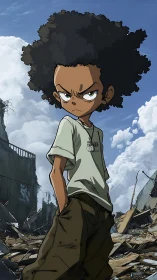 Defiant cartoon boy standing in ruined urban landscape.