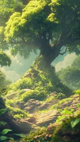 Ancient forest titan crowned in glowing emerald canopy.