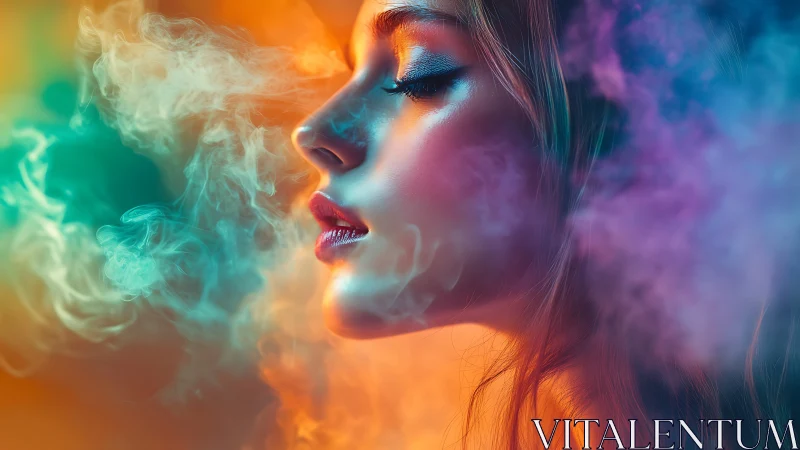 Profile portrait merges neon smoke clouds and glossy skin tones