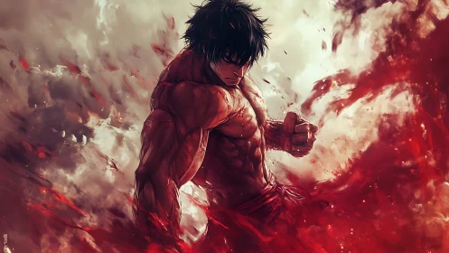 Battle-scarred anime warrior ignites crimson storm of power