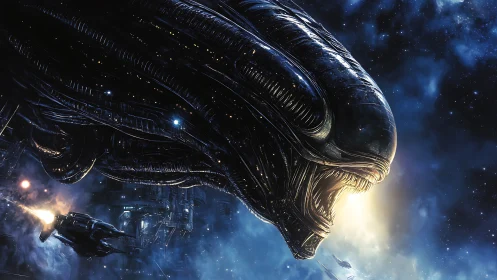 Gigantic biomechanical alien head looms over battle in space