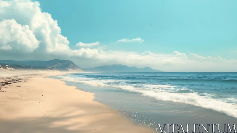 Coastal shoreline with soft waves under cyan midday sky.