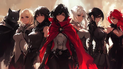 Anime heroine lineup in dynamic cloaked ensemble composition.