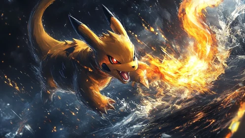 Fire creature unleashes blazing spiral across dark sea.