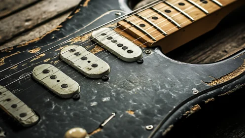 Close view shows worn electric guitar body and fretboard