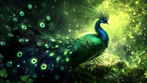 Luminous emerald peacock poised in enchanted forest glow.