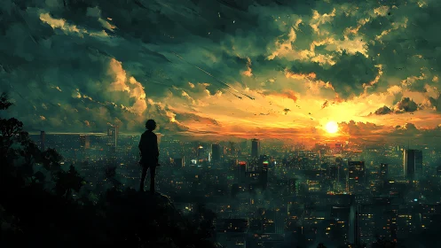 Digital painting skyline at dusk with solitary observer silhouette.