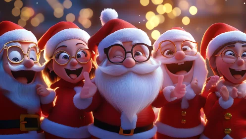 Laughing Santa squad glows under twinkling holiday lights.