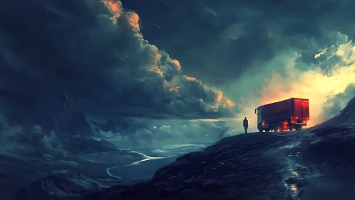 Digital painting of lone truck at stormlit coastal ridge twilight.