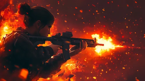Soldier in Battle: Combat Scene with Intense Flame Effects.