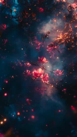 Enchanted crimson blossoms in luminous twilight haze.