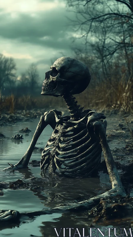 Weathered skeleton rising from muddy swamp at dusk.