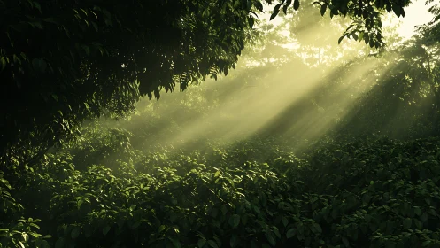 Sunbeams pierce dense rainforest canopy in golden mist